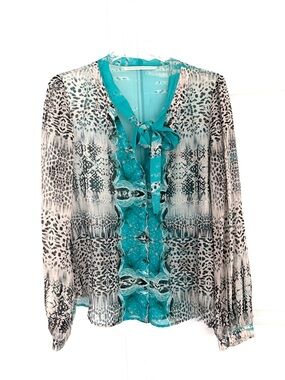 Twelfth Street by Cynthia Vincent silk blouse animal print teal tie long sleeve